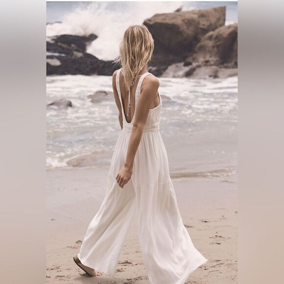 Free people Soleil wide leg cream jumpsuit romper gauzy cotton and crochet small - Picture 3 of 13